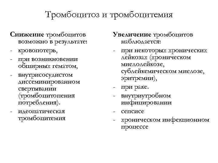 Тромбоцитоз и тромбоцитемия Снижение тромбоцитов возможно в результате: - кровопотерь, - при возникновении обширных