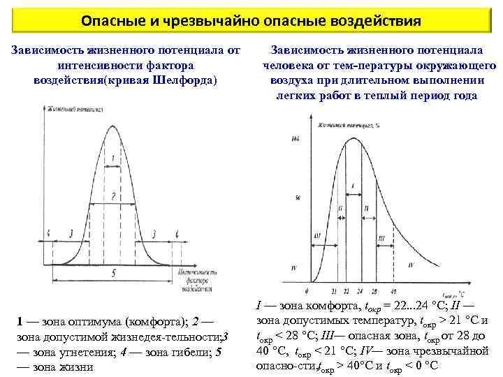 Опасные и чрезвычайно опасные воздействия Зависимость жизненного потенциала от интенсивности фактора воздействия(кривая Шелфорда) 1