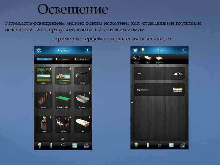 Освещение Управлять освещением можно одним нажатием как отдельными группами освещений так и сразу всей