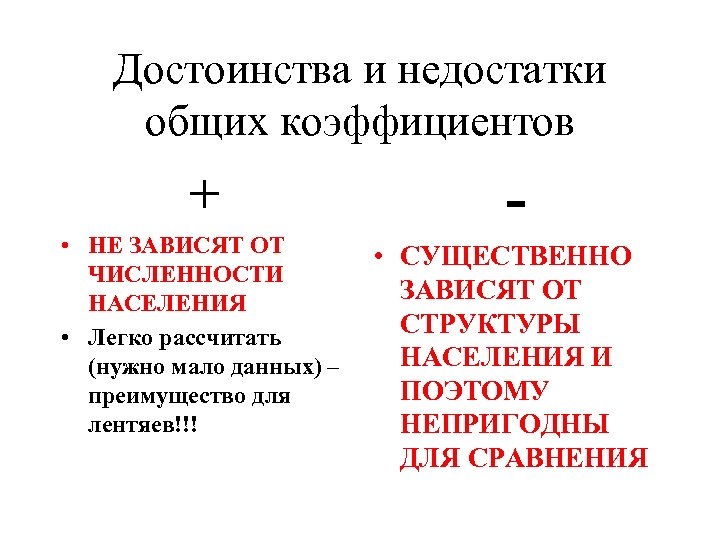 Достоинства и недостатки общих коэффициентов + - • НЕ ЗАВИСЯТ ОТ ЧИСЛЕННОСТИ НАСЕЛЕНИЯ •