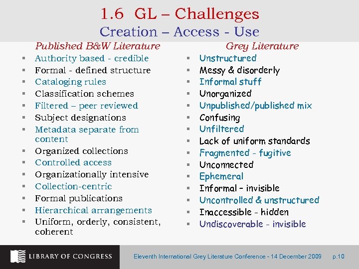 1. 6 GL – Challenges Creation – Access - Use Published B&W Literature §