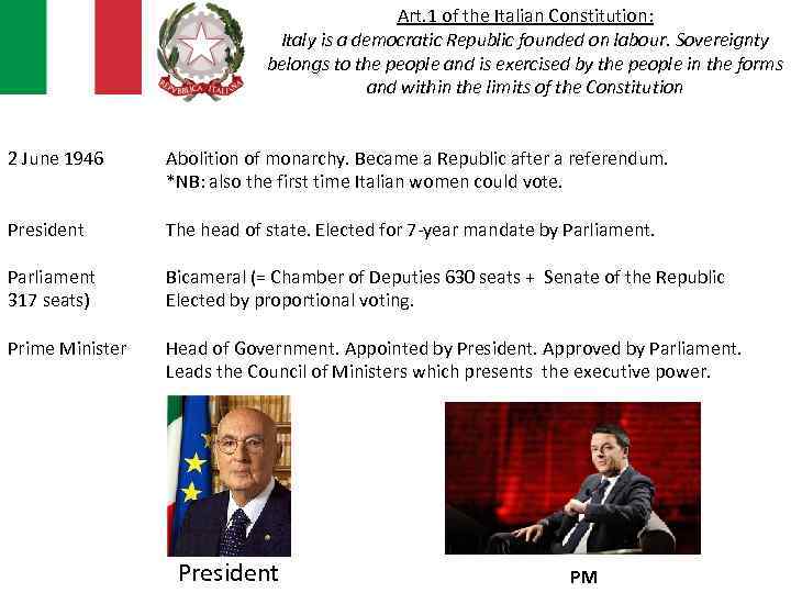Art. 1 of the Italian Constitution: Italy is a democratic Republic founded on labour.