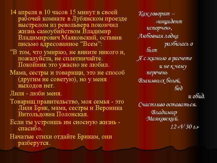 14 апреля в 10 часов 15 минут в своей рабочей комнате в Лубянском проезде