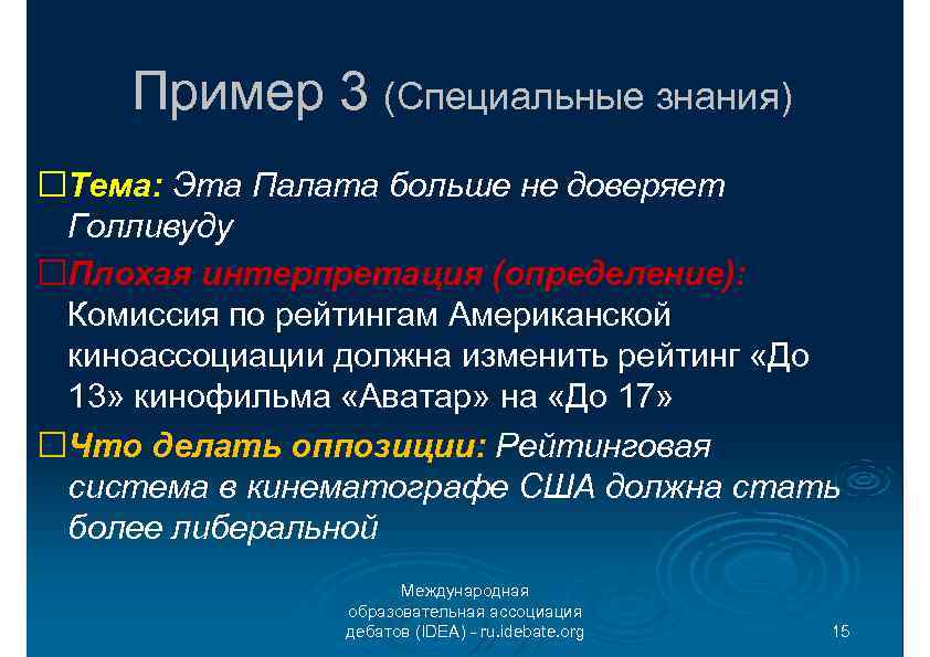 Пример 3 (Специальные знания) Тема: Эта Палата больше не доверяет Голливуду Плохая интерпретация (определение):
