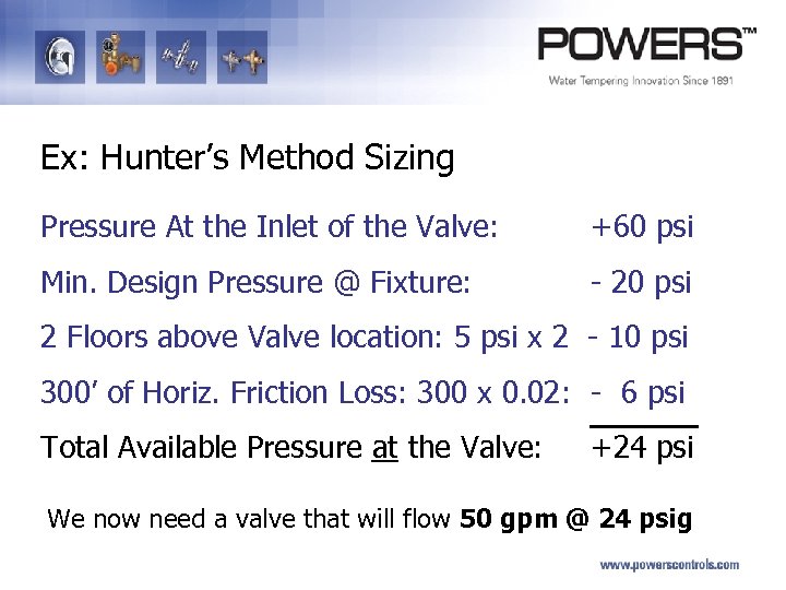 Ex: Hunter’s Method Sizing Pressure At the Inlet of the Valve: +60 psi Min.
