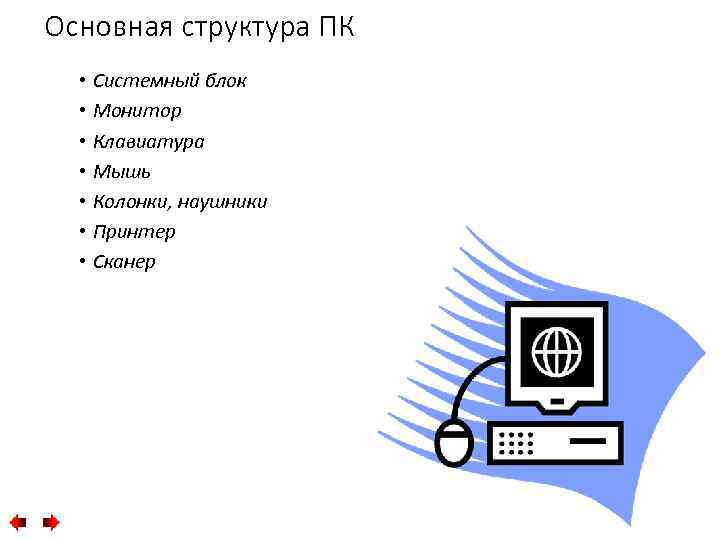 Основная структура ПК • Системный блок • Монитор • Клавиатура • Мышь • Колонки,