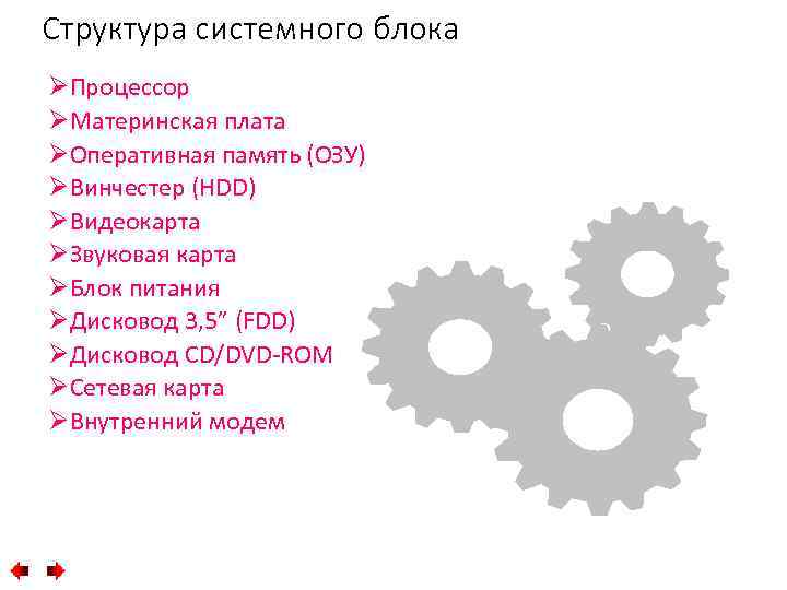 Структура системного блока ØПроцессор ØМатеринская плата ØОперативная память (ОЗУ) ØВинчестер (HDD) ØВидеокарта ØЗвуковая карта