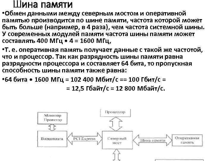 Шина памяти • Обмен данными между северным мостом и оперативной памятью производится по шине