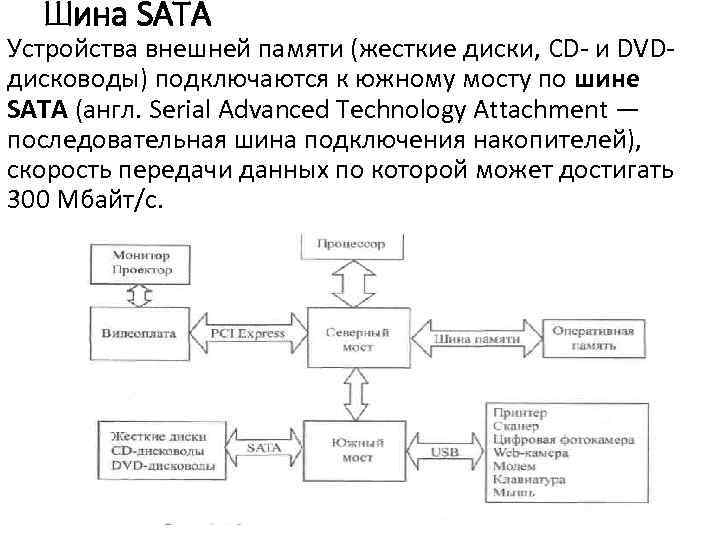 Шина SATA Устройства внешней памяти (жесткие диски, CD- и DVDдисководы) подключаются к южному мосту