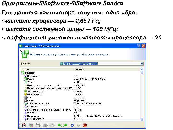 Программы-Si. Software Sandra Для данного компьютера получим: одно ядро; • частота процессора — 2,