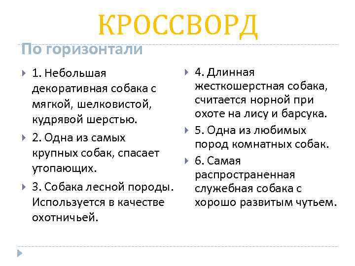 КРОССВОРД По горизонтали 1. Небольшая декоративная собака с мягкой, шелковистой, кудрявой шерстью. 2. Одна