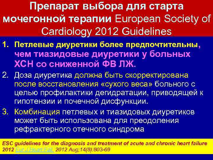 Препарат выбора для старта мочегонной терапии European Society of Cardiology 2012 Guidelines 1. Петлевые