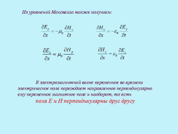 Из уравнений Максвелла также получаем: В электромагнитной волне переменное во времени электрическое поле порождает