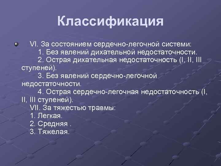 Классификация VI. За состоянием сердечно-легочной системи: 1. Без явлений дихательной недостаточности. 2. Острая дихательная