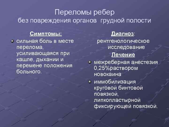 Переломы ребер без повреждения органов грудной полости Симптомы: сильная боль в месте перелома, усиливающаяся