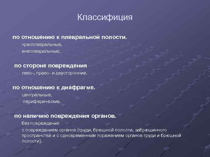 Классифиция по отношению к плевральной полости. чресплевральные, внеплевральные; по стороне повреждения лево-, право- и