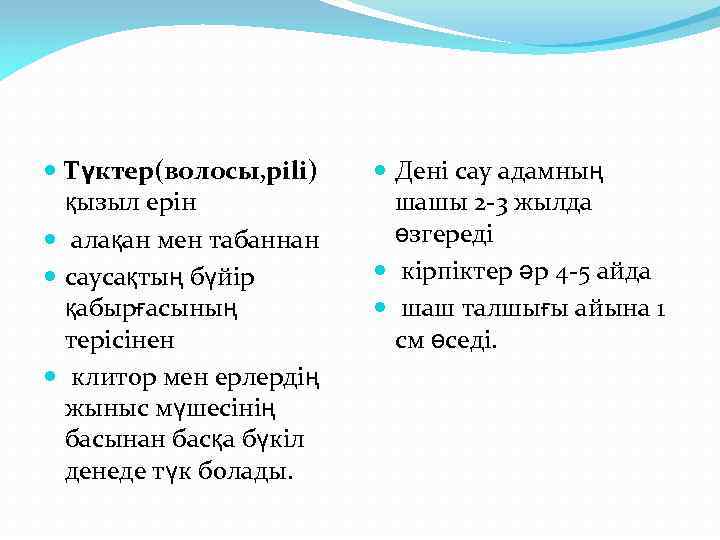  Түктер(волосы, pili) қызыл ерін алақан мен табаннан саусақтың бүйір қабырғасының терісінен клитор мен