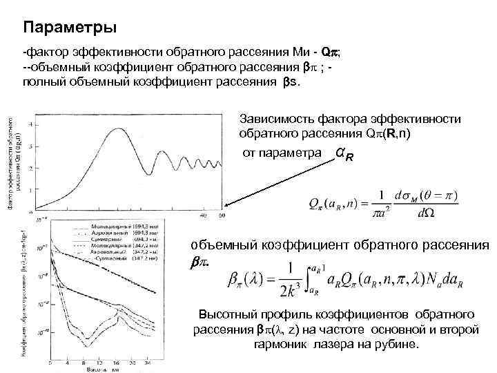 Параметры -фактор эффективности обратного рассеяния Ми - Q ; --объемный коэффициент обратного рассеяния ;