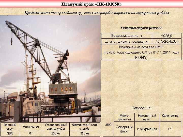 Плавучий кран «ПК-101050» Предназначен для проведения грузовых операций в портах и на внутренних рейдах