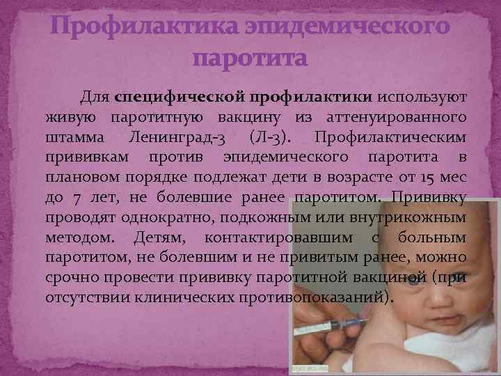Профилактика эпидемического паротита Для специфической профилактики используют живую паротитную вакцину из аттенуированного штамма Ленинград-3