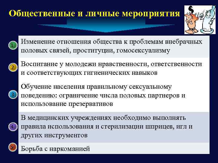 Общественные и личные мероприятия 1 Изменение отношения общества к проблемам внебрачных половых связей, проституции,