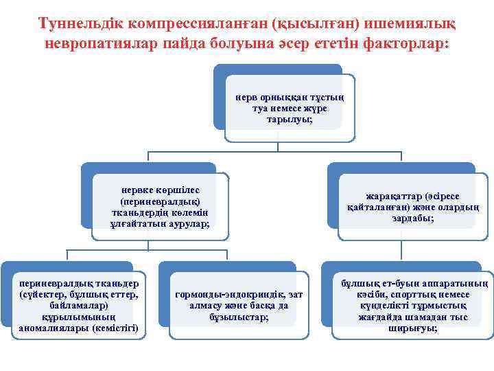 Туннельдік компрессияланған (қысылған) ишемиялық невропатиялар пайда болуына әсер ететін факторлар: нерв орныққан тұстың туа