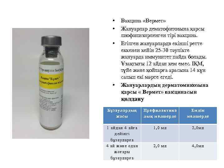  • • Вакцина «Вермет» Жануарлар дематофитозына қарсы лиофилизирленген тірі вакцина. Егілген жануарлардв екінші
