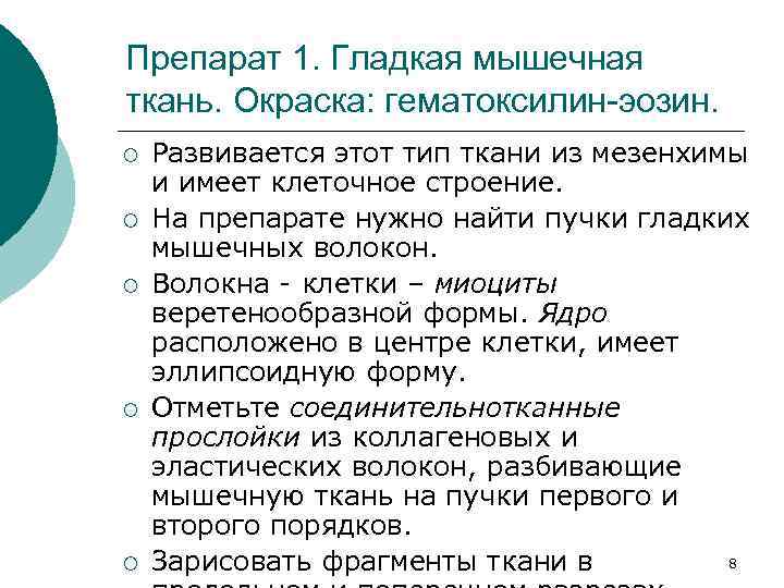 Препарат 1. Гладкая мышечная ткань. Окраска: гематоксилин-эозин. ¡ ¡ ¡ Развивается этот тип ткани