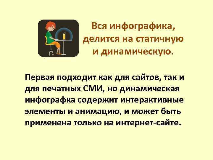 Вся инфографика, делится на статичную и динамическую. Первая подходит как для сайтов, так и