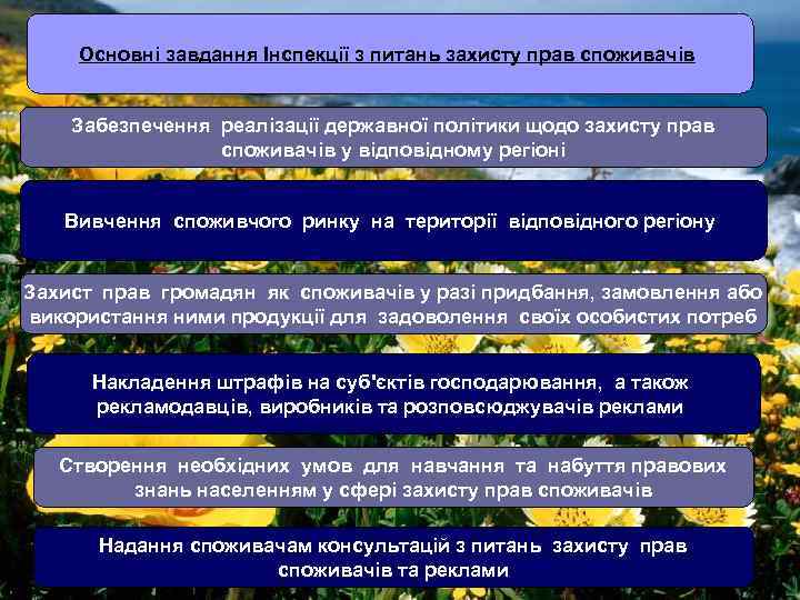 Основні завдання Інспекції з питань захисту прав споживачів Забезпечення реалізації державної політики щодо захисту