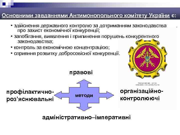 Основними завданнями Антимонопольного комітету України є: • здійснення державного контролю за дотриманням законодавства про