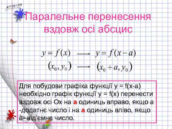 Паралельне перенесення вздовж осі абсцис Для побудови графіка функції y = f(x-а) необхідно графік