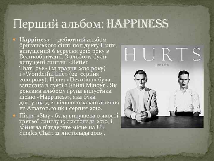 Перший альбом: happiness Happiness — дебютний альбом британського сінті-поп дуету Hurts, випущений 6 вересня