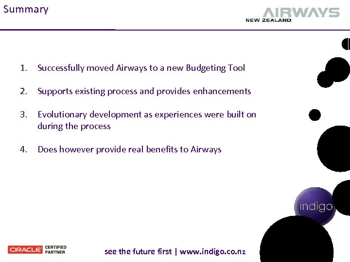 Summary 1. Successfully moved Airways to a new Budgeting Tool 2. Supports existing process