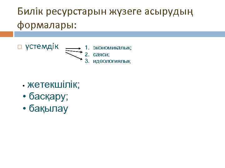 Билік ресурстарын жүзеге асырудың формалары: үстемдік жетекшілік; • басқару; • бақылау • 1. экономикалық;