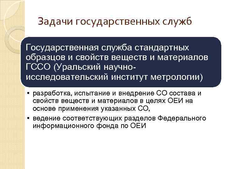 Задачи государственных служб Государственная служба стандартных образцов и свойств веществ и материалов ГССО (Уральский