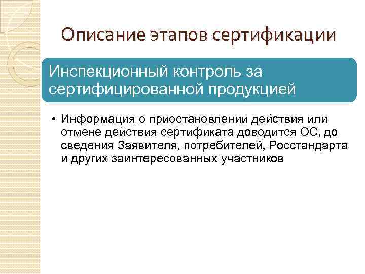 Описание этапов сертификации Инспекционный контроль за сертифицированной продукцией • Информация о приостановлении действия или