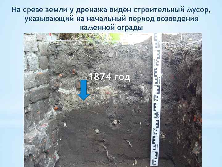 На срезе земли у дренажа виден строительный мусор, указывающий на начальный период возведения каменной