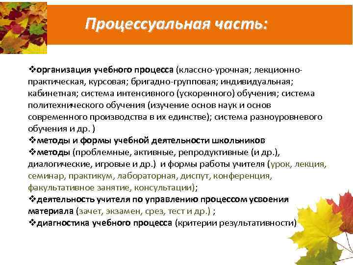 Процессуальная часть: vорганизация учебного процесса (классно-урочная; лекционнопрактическая, курсовая; бригадно-групповая; индивидуальная; кабинетная; система интенсивного (ускоренного)