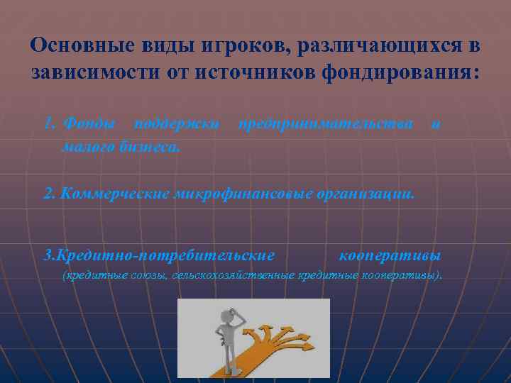 Основные виды игроков, различающихся в зависимости от источников фондирования: 1. Фонды поддержки малого бизнеса.