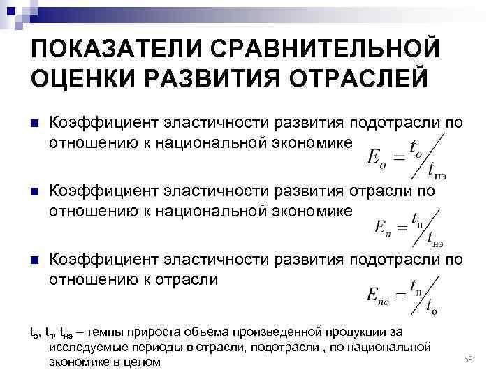 ПОКАЗАТЕЛИ СРАВНИТЕЛЬНОЙ ОЦЕНКИ РАЗВИТИЯ ОТРАСЛЕЙ n Коэффициент эластичности развития подотрасли по отношению к национальной
