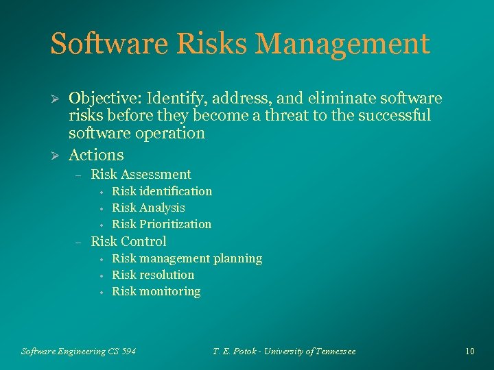 Software Risks Management Ø Ø Objective: Identify, address, and eliminate software risks before they