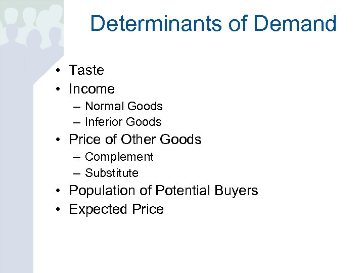 Determinants of Demand • Taste • Income – Normal Goods – Inferior Goods •