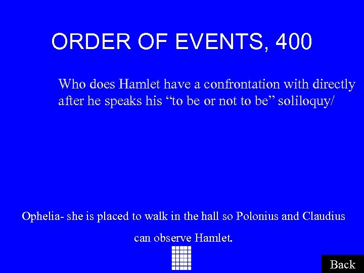 ORDER OF EVENTS, 400 Who does Hamlet have a confrontation with directly after he