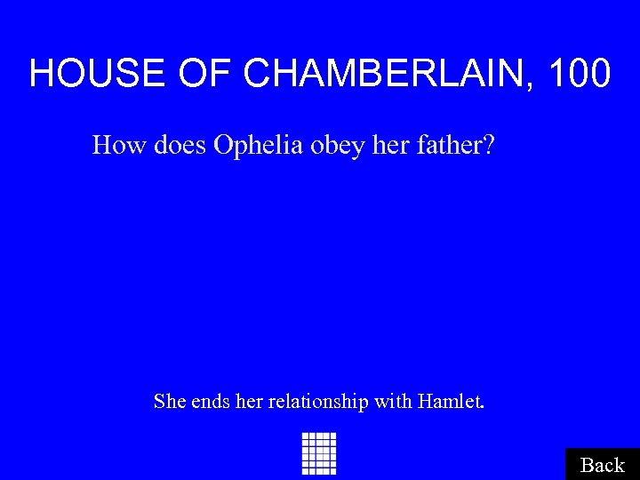 HOUSE OF CHAMBERLAIN, 100 How does Ophelia obey her father? She ends her relationship