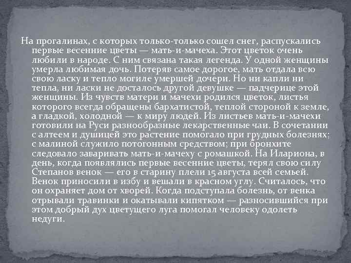 На прогалинах, с которых только-только сошел снег, распускались первые весенние цветы — мать-и-мачеха. Этот