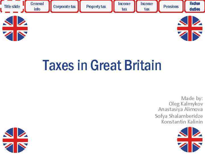 Title slide General info Corporate tax Property tax Income tax Pensions Excise duties Taxes