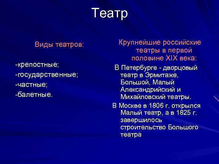 Театр Виды театров: -крепостные; -государственные; -частные; -балетные. Крупнейшие российские театры в первой половине XIX