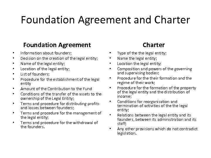 Foundation Agreement and Charter Foundation Agreement • • • Information about founders; Decision on