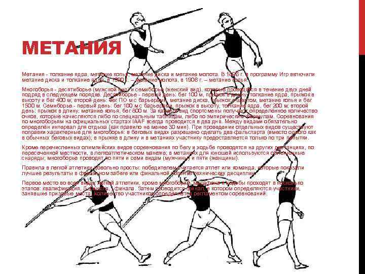 МЕТАНИЯ Метания - толкание ядра, метание копья, метание диска и метание молота. В 1896